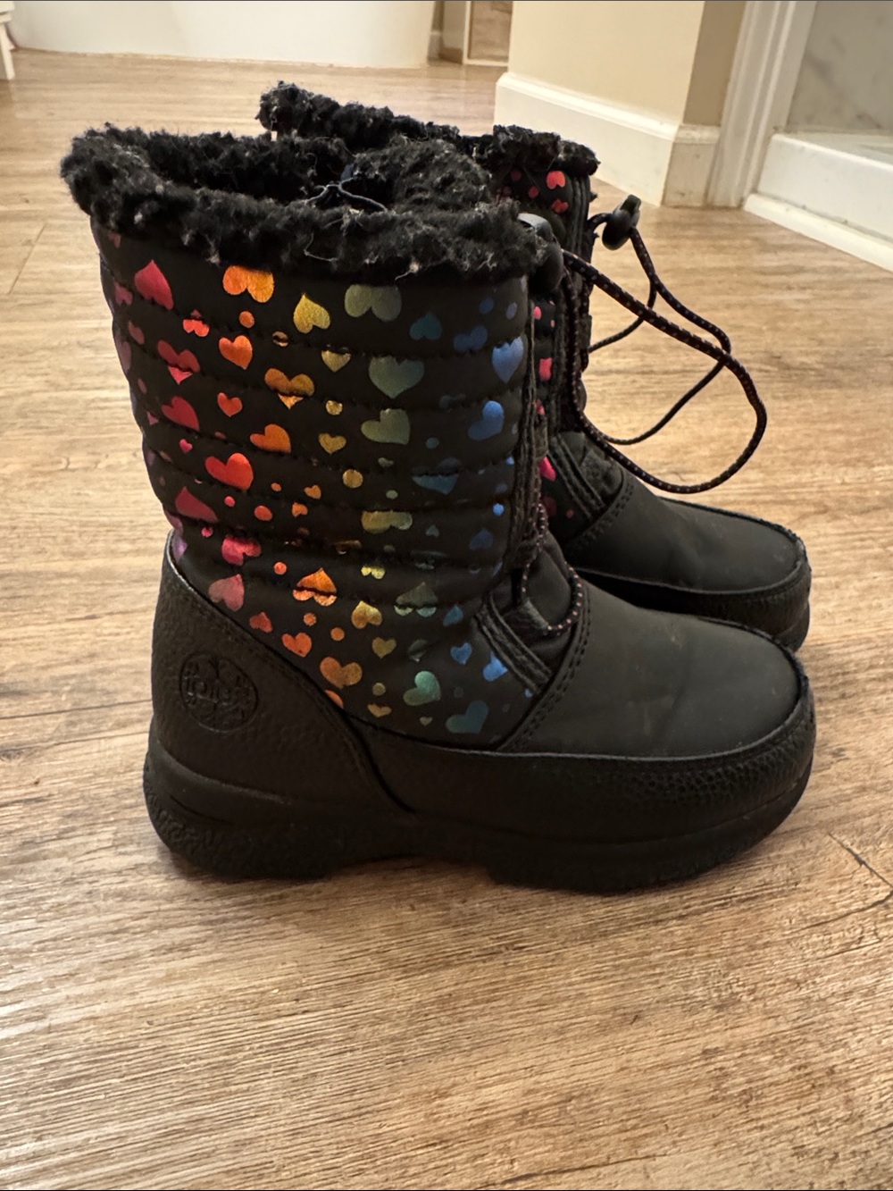 totes Black Kids Rain & Snow Boots with Rainbow Heart Print